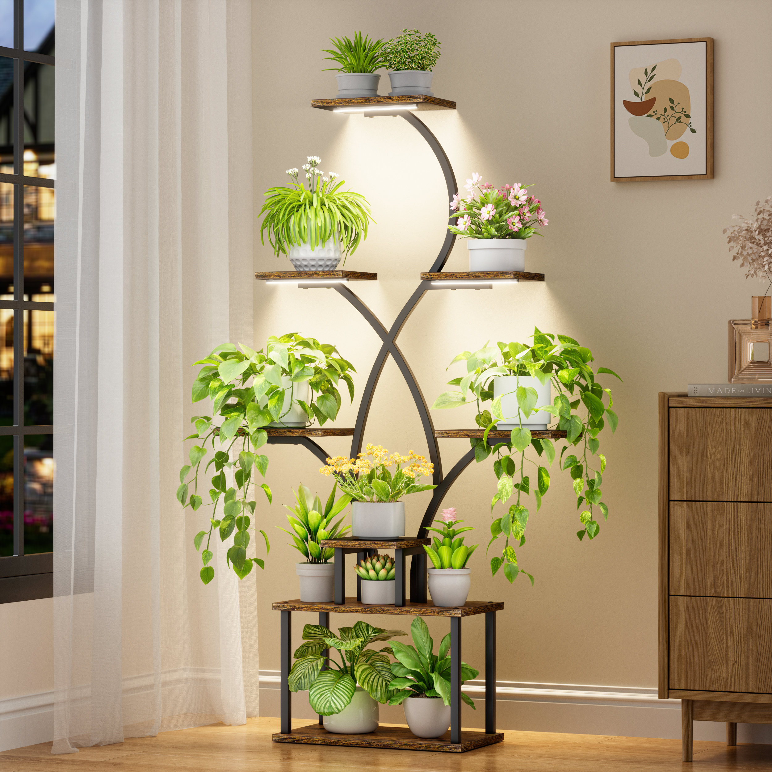 17 Stories Flower Spike-Shaped Plant Stand Indoor with Grow Lights